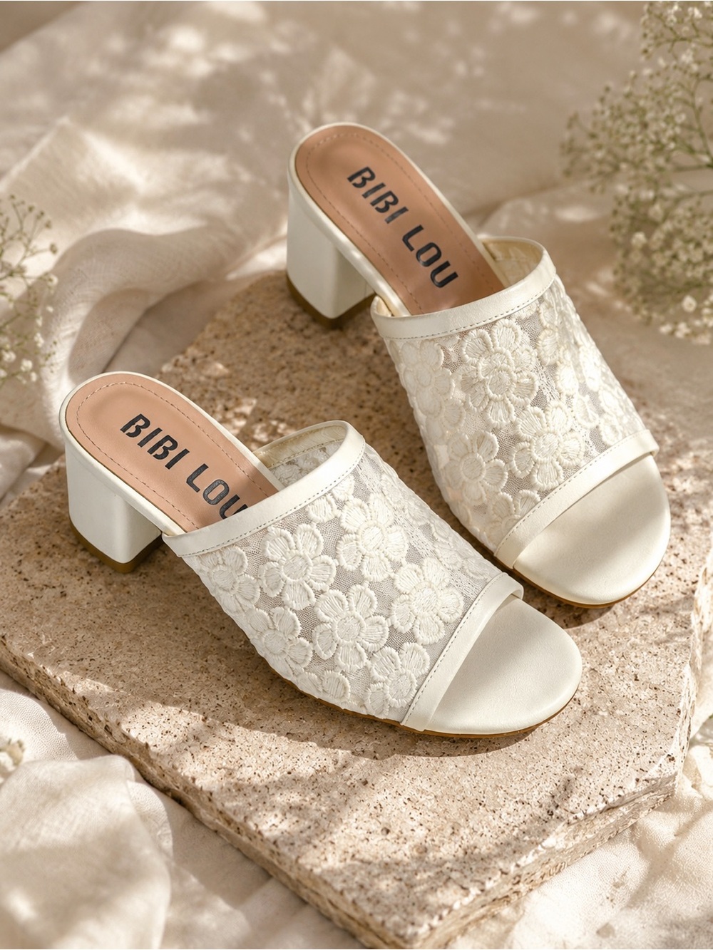 Bibi Lou White Amire Floral Embroidered Mesh Block Heel Sandals Size 38